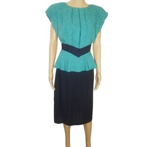1980s Green Black Midi Peplum Dress Shoulder Pads  Short Sleeve Size 9